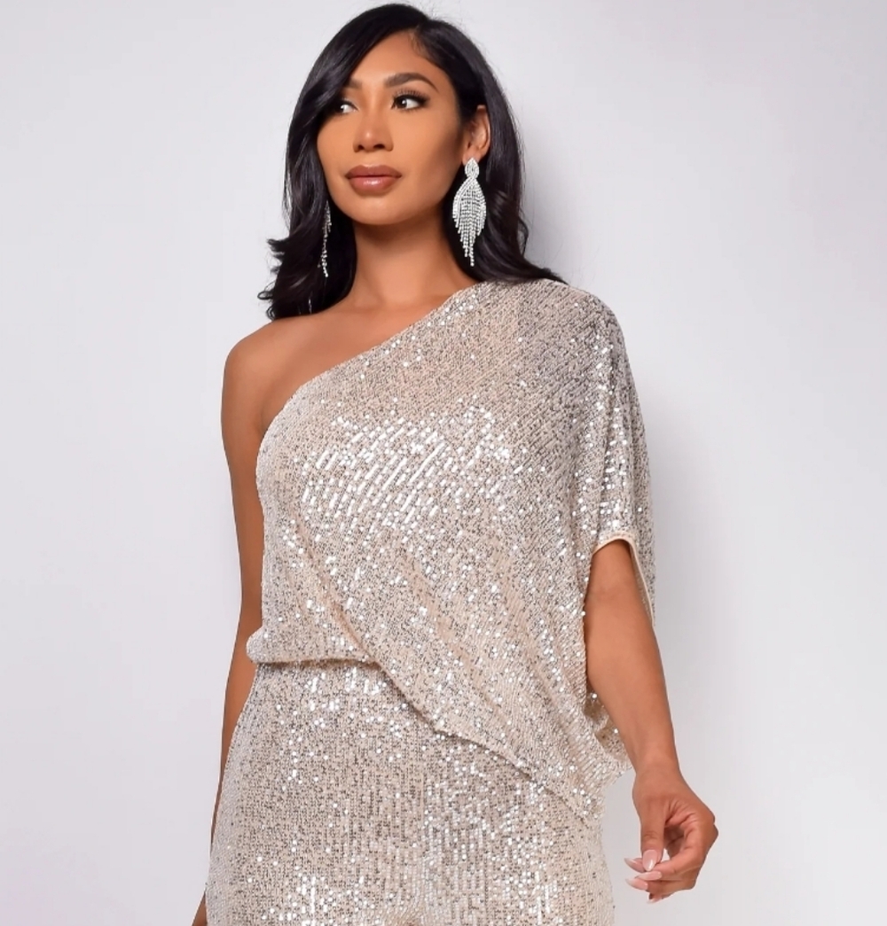 Emprada Rebecca Champagne One Shoulder Sequin Jumpsuit